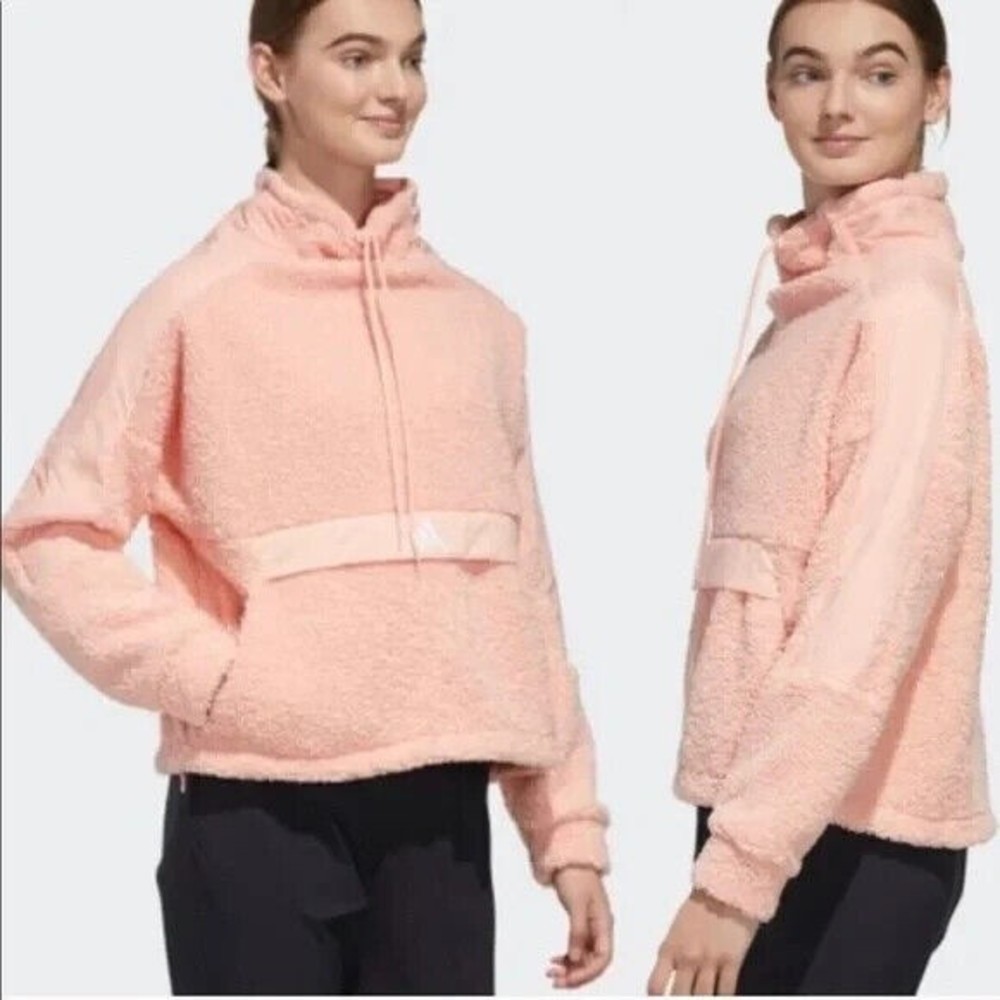 Adidas Pink Sherpa Pullover Sweatshirt Teddy Jacket Sz Small High Neck Oversized
